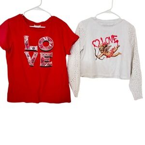 2*Valentine Tees Bobbie Brooks Red LOVE Sz L SO White Eyelet Sleeve crop Sz M